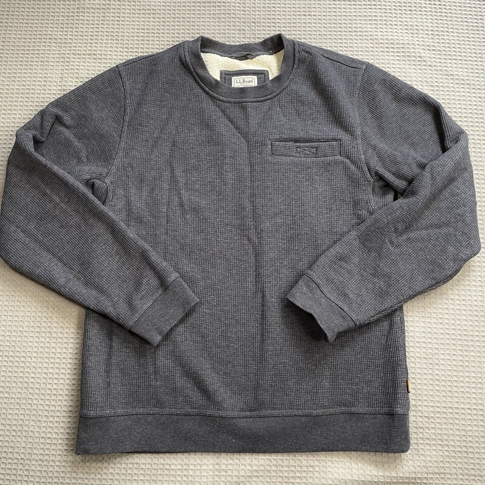 LL Bean Sherpa Fleece Lined Thermal Sweatshirt Medium Men's Waffle Gray